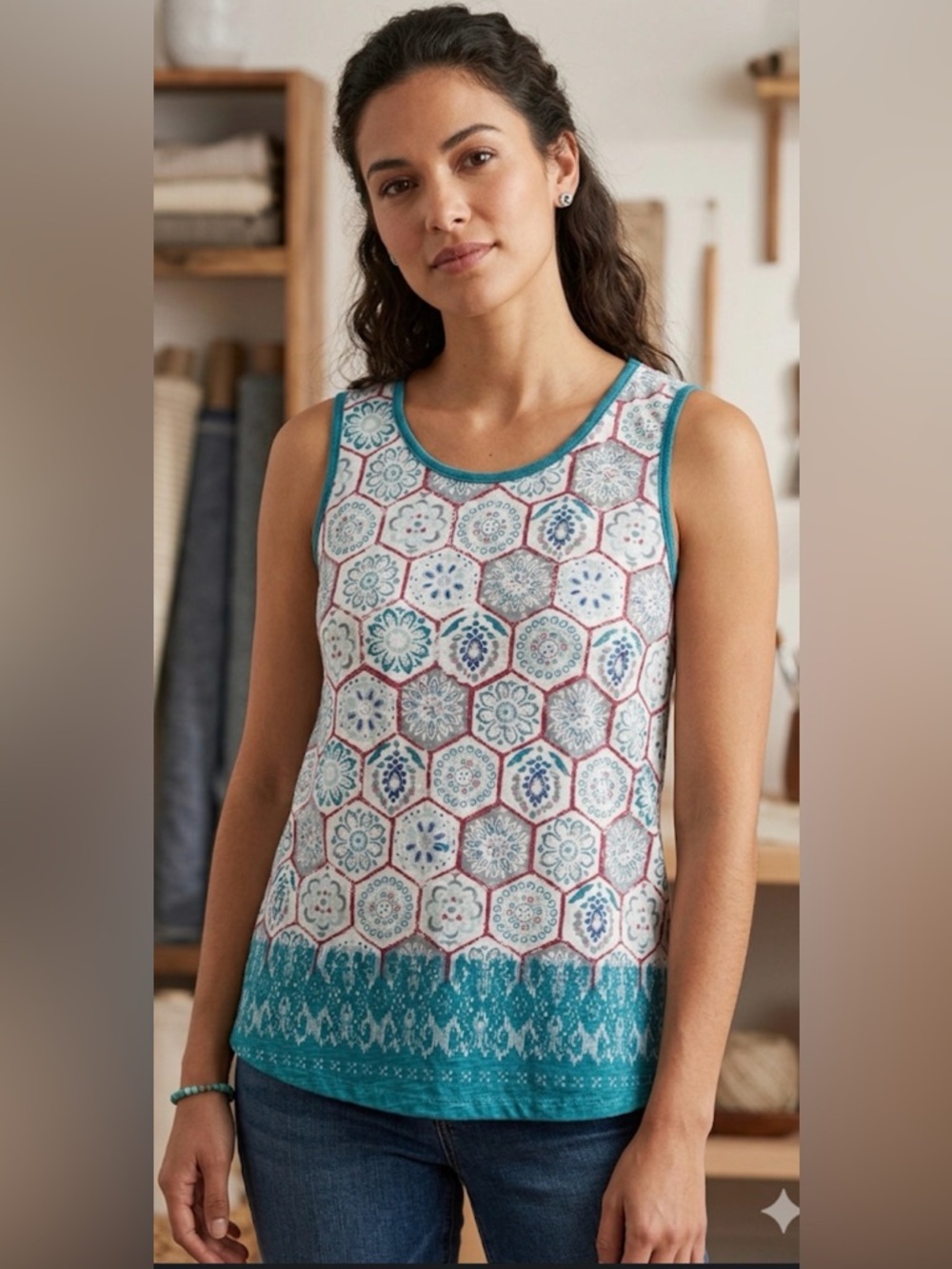 Aventura Teal and White Mosaic Print Sleeveless Top